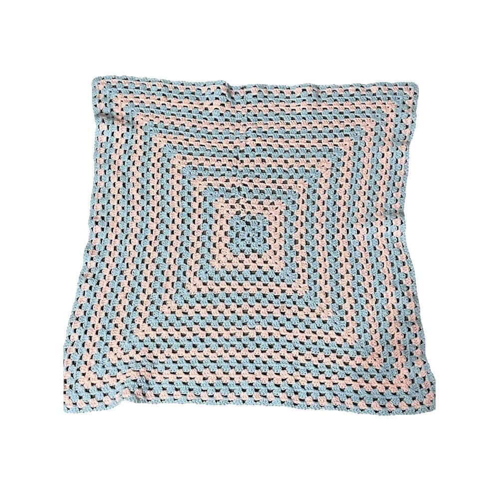 Handmade Pink & Blue Crochet Granny Square Baby Afghan Blanket 29x29